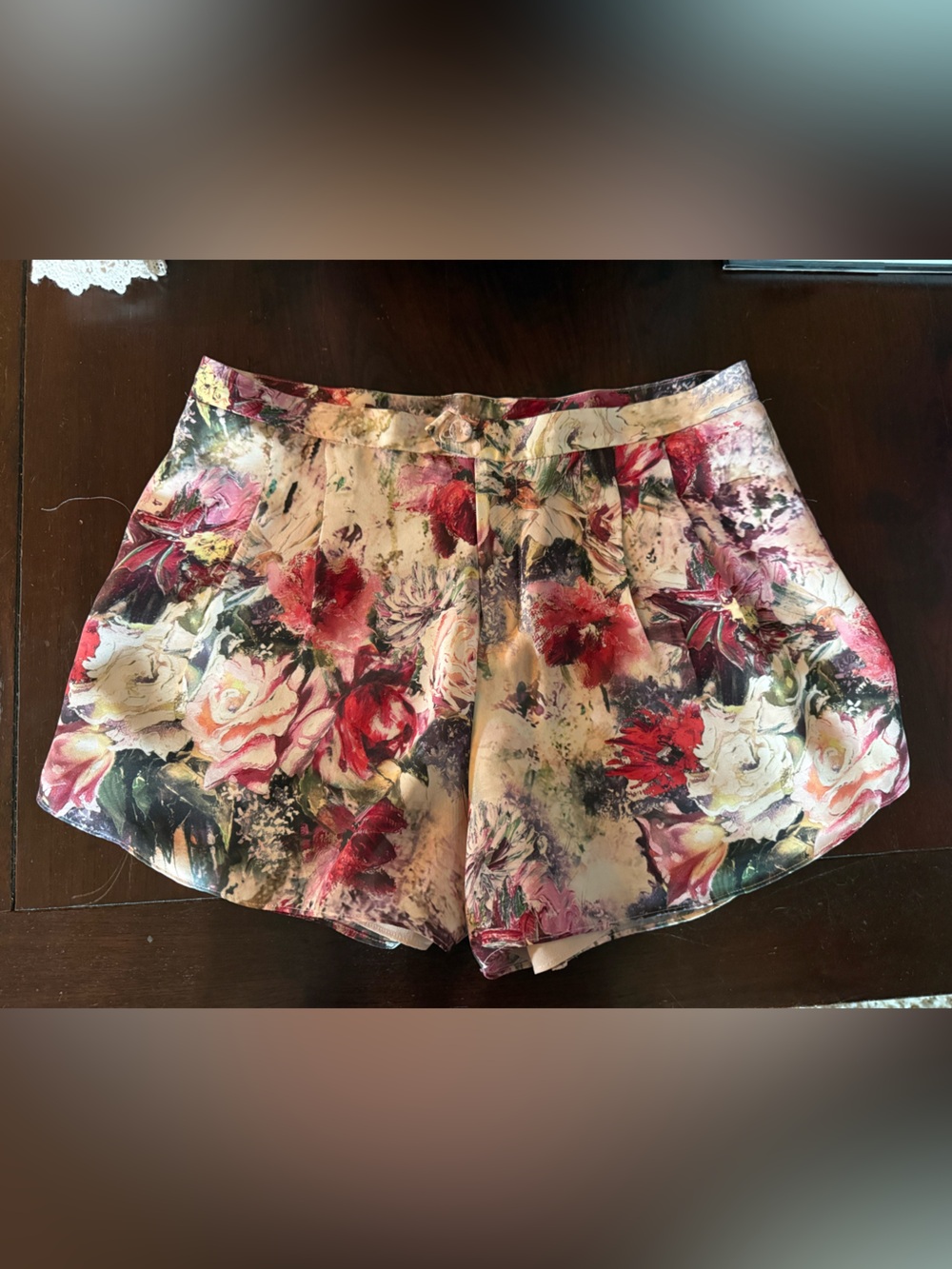 Haute Hippie Floral Print 100% Silk Shorts in Cream, Pink, Red and Green